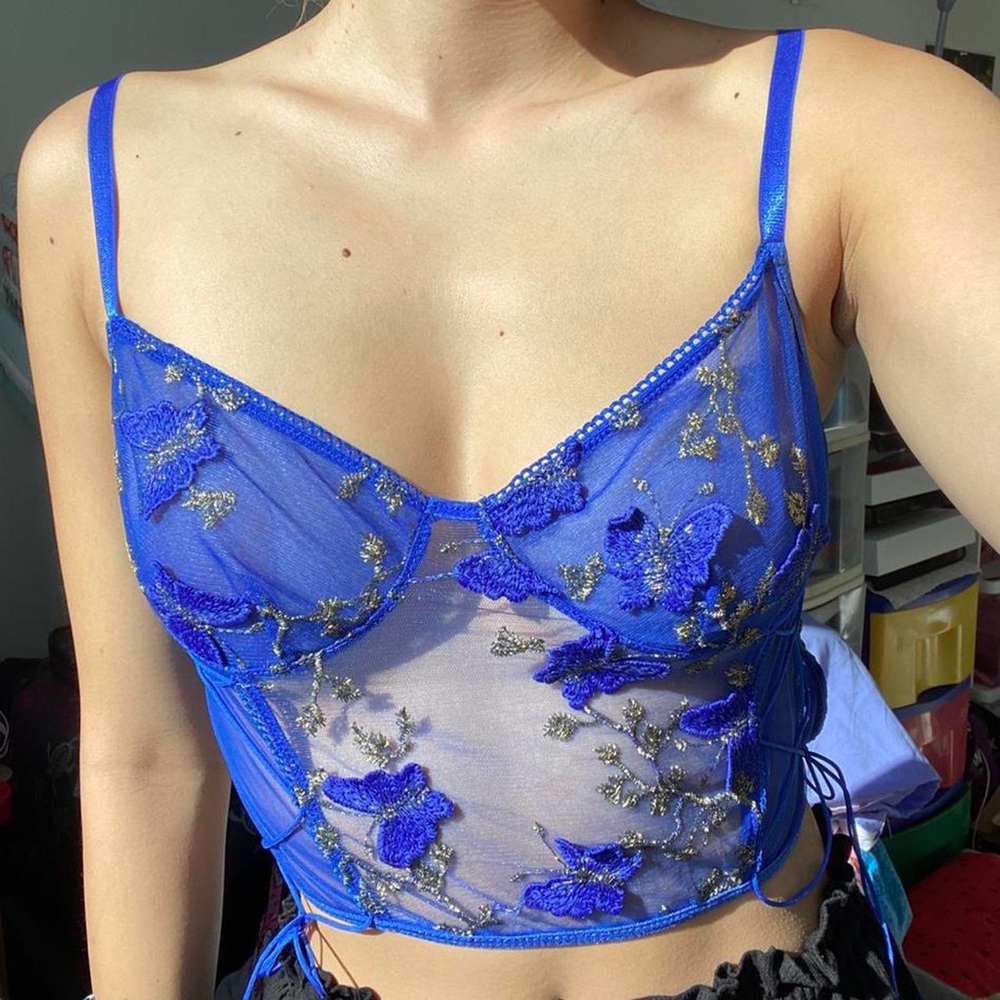 Blue butterfly mesh sheer lingerie set with tie string detailing thong bottoms